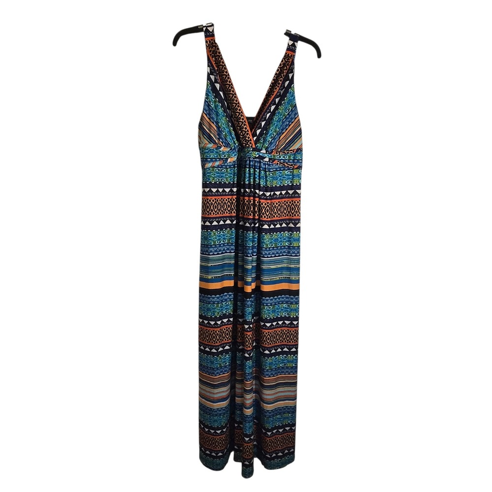 Metaphor Women Tribal Geometric Print V-Neck Sleeveless Maxi Dress Blue Orange L
